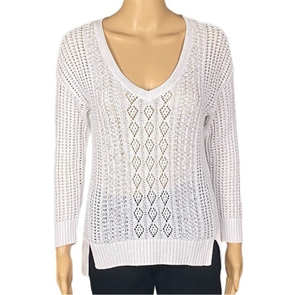 WHITE HOUSE BLACK MARKET white mixed open knit V-neck hi/low sweater Small EUC